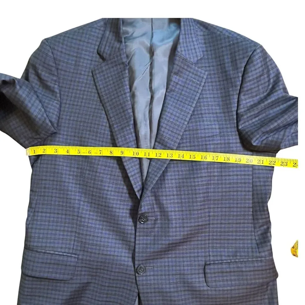 Peter Millar Men's Size 44R Navy Blue Windowpane Plaid Wool Blazer Suit Jacket
